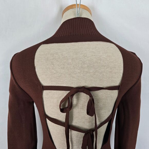 Forever 21 Sweater Women's Small Brown Mock Neck Open Back w/ Ties Side Slits - Picture 4 of 16